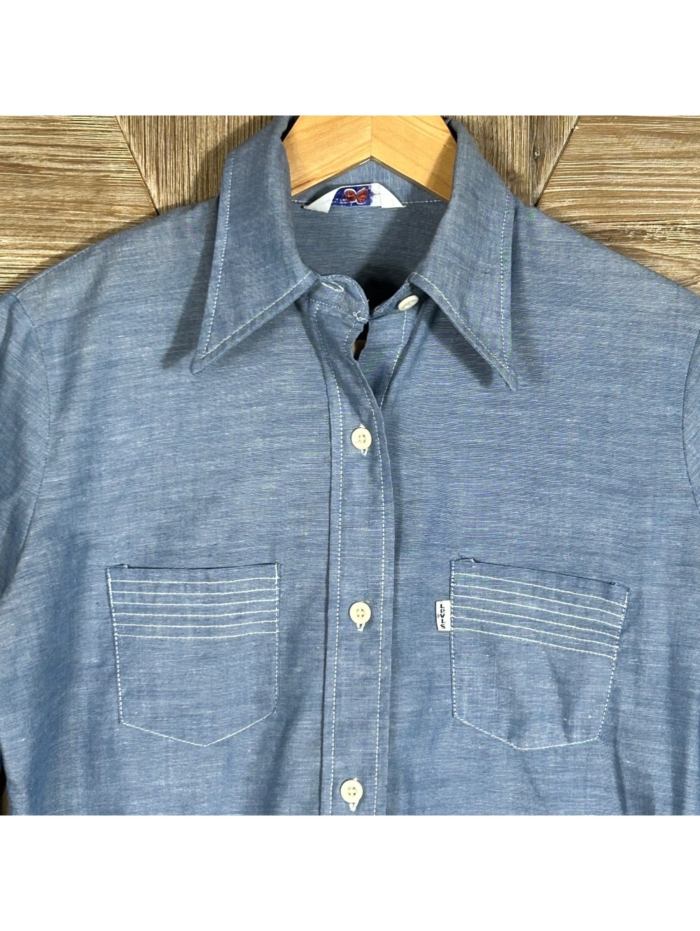 Vintage 70s Levis Chambray Shirt Cursive L For Gals Orange Tab Medium M-10